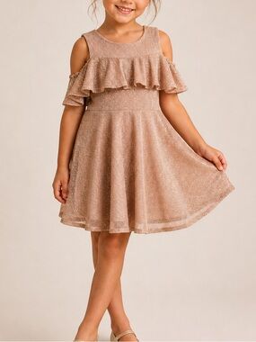 CHILDREN’S PLACE Girl Dusty Pink Glitter Ruffle Party Cold Shoulder Dress Sz 5T